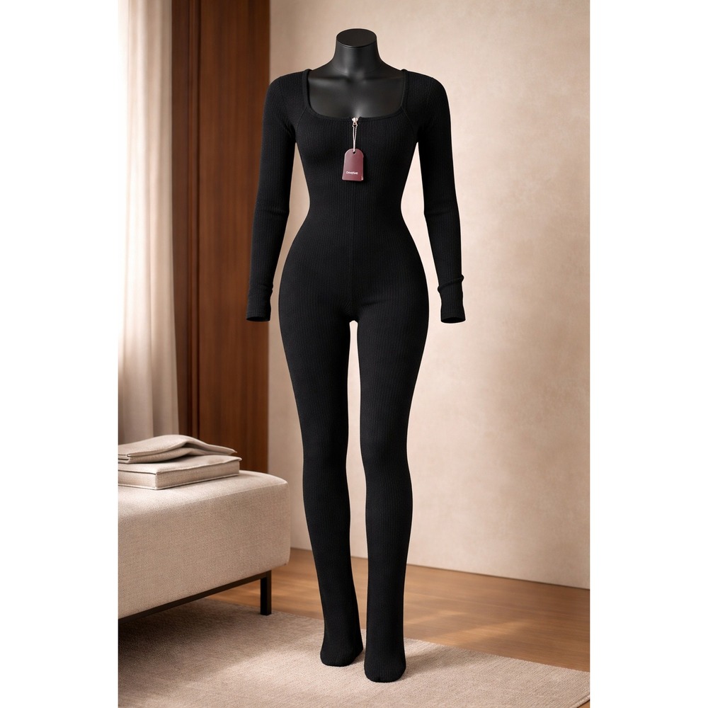 Cosmolle Black Ribbed Long Sleeve Thumbhole Jumpsuit Square Neck Zipper‎ M/L NEW